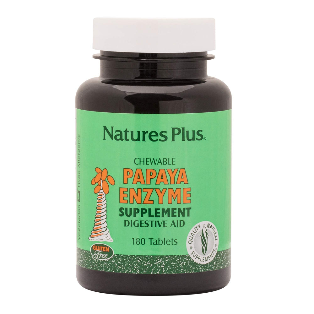 NaturesPlus Papaya Enzyme bottle with label for digestive support and easy chewables.
