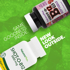 NaturesPlus Shot-O-B12 bottle label highlights methylcobalamin and gluten-free formula