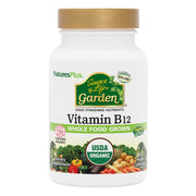 NaturesPlus Source of Life B12 bottle shows energy-supporting blend in a certified organic product.