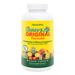 NaturesPlus Source of Life bottle front with apple cinnamon flavor, promoting daily energy support.