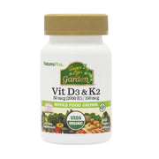 NaturesPlus Source of Life Garden D3 K2 bottle with vegan capsules for bone and immune support.