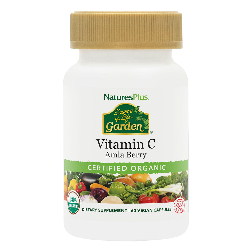 NaturesPlus Source of Life Garden Vitamin C bottle showing organic ingredients for daily vitality.