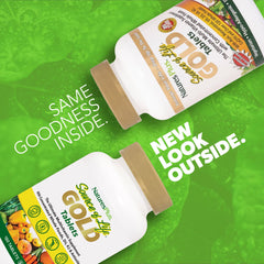 NaturesPlus Source of Life Gold label close-up showing D3 and B12 for daily energy