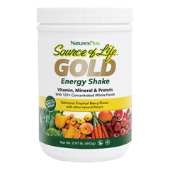 NaturesPlus Source of Life Gold Energy Shake bottle front with tropical berry flavor for daily vitality.