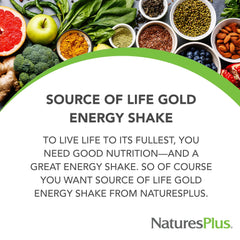 NaturesPlus Source of Life Gold Energy Shake powder being poured into a glass for convenient daily nutrition.