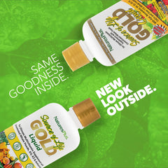 NaturesPlus Source of Life Gold bottle closeup with rich liquid texture