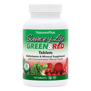 NaturesPlus Source of Life multivitamin bottle front shows green and red formula for daily vitality.