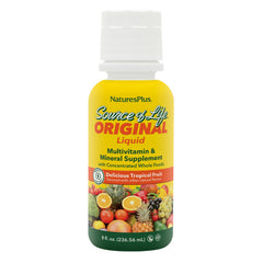 NaturesPlus Source of Life Liquid tropical fruit bottle for easy daily multivitamin nutrition.