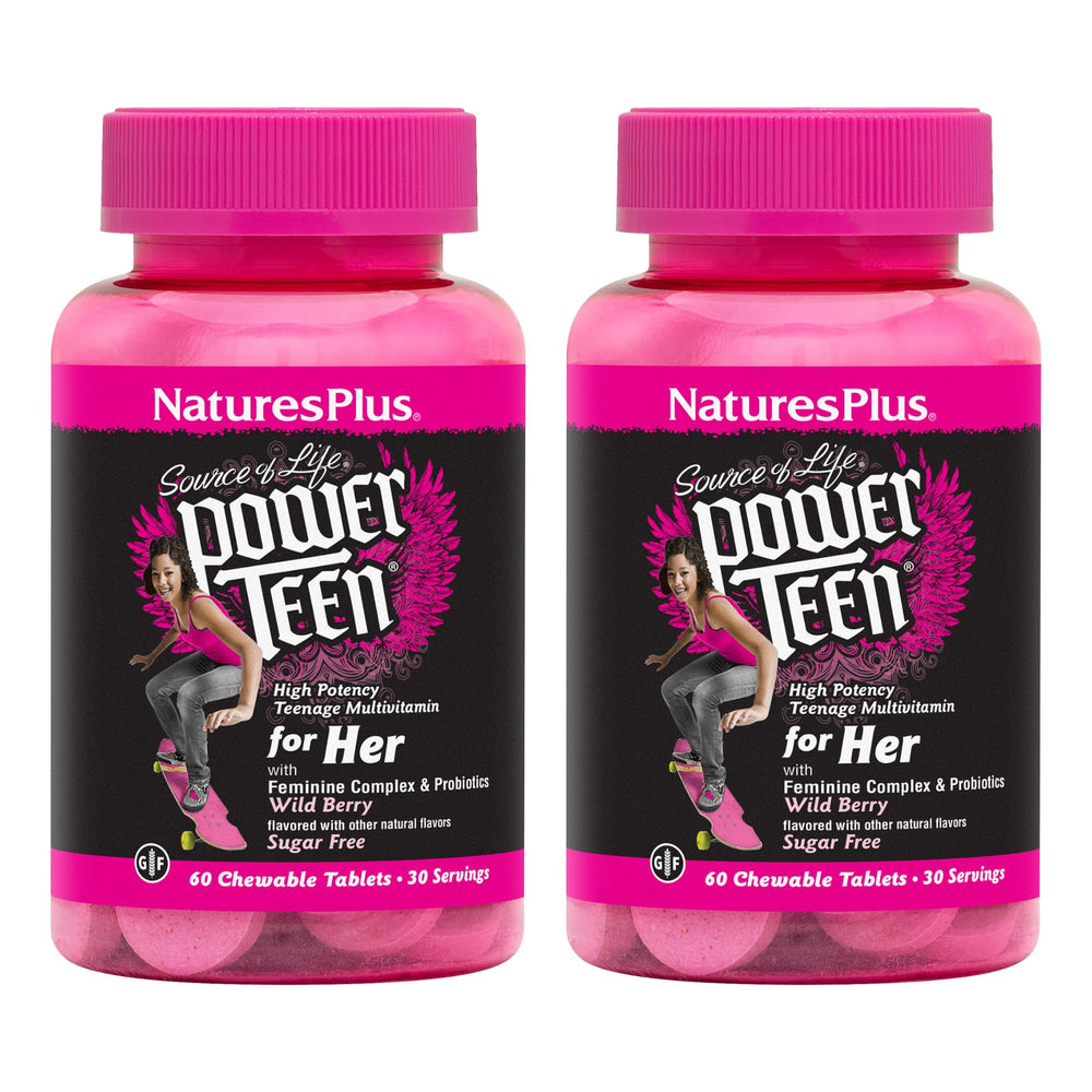 NaturesPlus Source of Life Power Teen for Her natural berry chewables bottle supports daily energy and overall wellness.