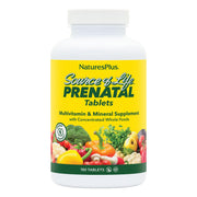 NaturesPlus Source of Life Prenatal bottle front shows gluten-free and vegetarian formula.