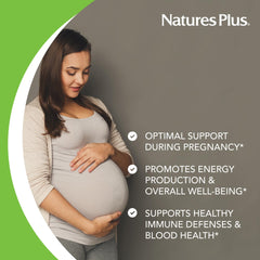 NaturesPlus Source of Life Prenatal packaging and ingredients list on display.