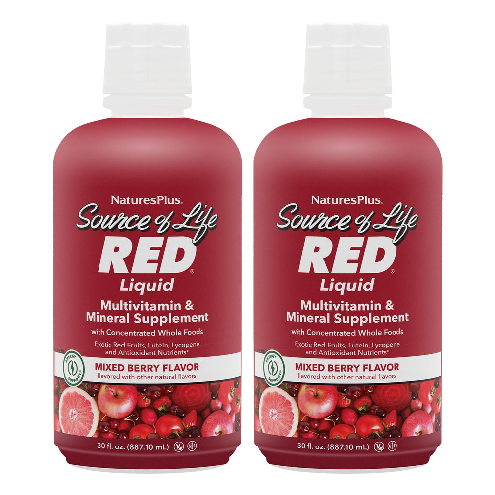 NaturesPlus Source of Life RED bottle with vibrant berry liquid for daily energy.
