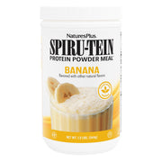 NaturesPlus SpirU-Tein banana bottle showing protein-rich shake for busy days.