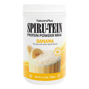 NaturesPlus SPIRU-TEIN banana powder tub – 14 g protein per serving.
