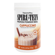 NaturesPlus SpirU-Tein cappuccino bottle highlights protein-packed nutrition for daily energy.