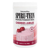 NaturesPlus SpirU-Tein Cherries Jubilee powder poured for a high-protein smoothie.