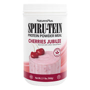 NaturesPlus SpirU-Tein Cherries Jubilee powder poured for a high-protein smoothie.