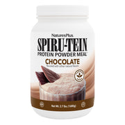 NaturesPlus SpirU-Tein chocolate bottle pour, convenient on-the-go protein option.