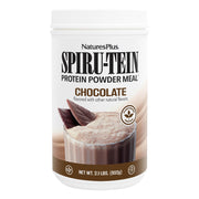 NaturesPlus Spiru-Tein chocolate powder in a jar provides plant-based protein for daily nutrition