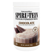 NaturesPlus SpirU-TEIN chocolate tub showing plant-based protein for daily fueling.
