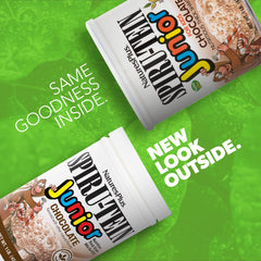 SPIRU-TEIN Junior chocolate ingredients panel highlighting plant-based blend.