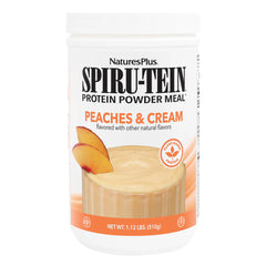 NaturesPlus SPIRU-TEIN Peaches Cream bottle highlighting plant based protein