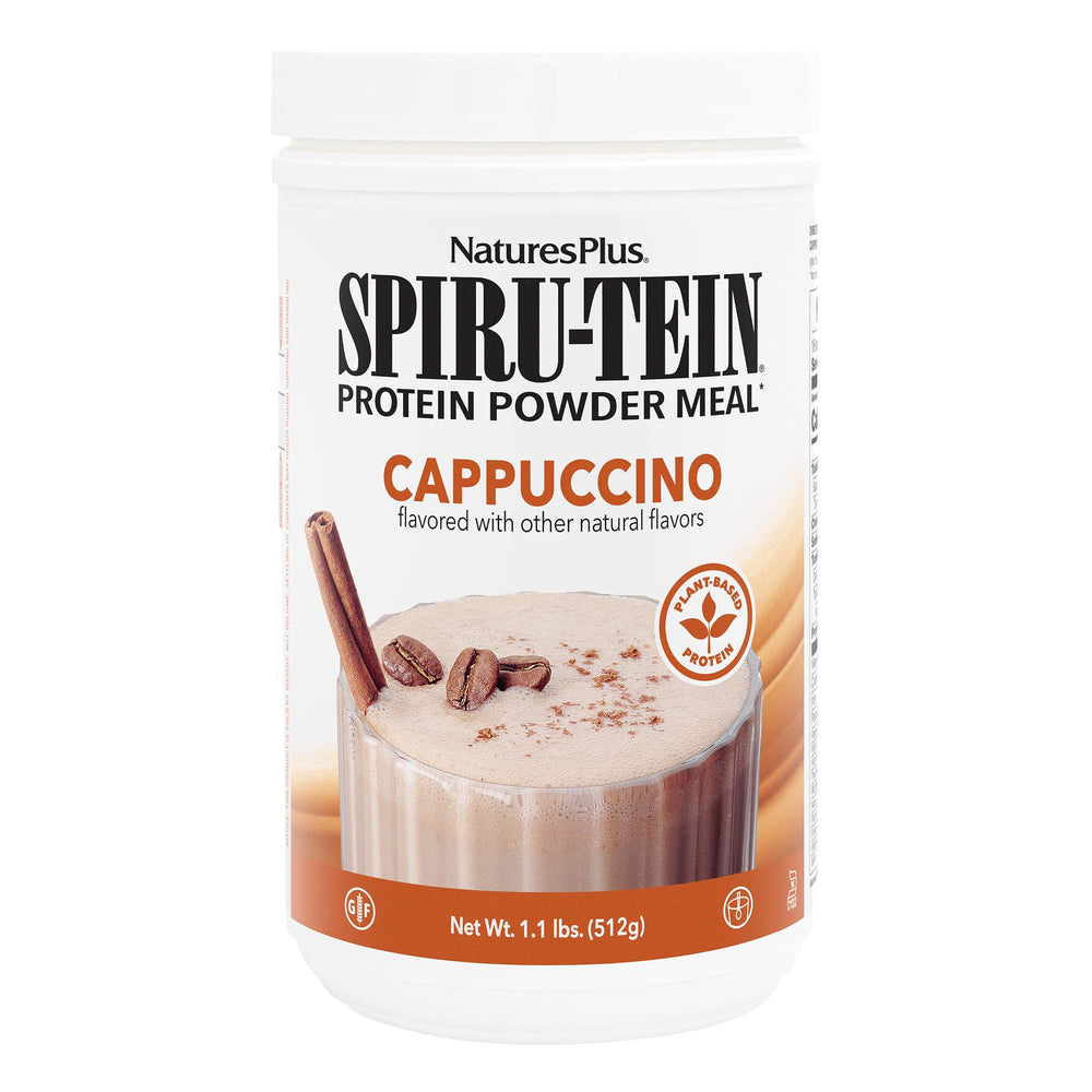 NaturesPlus SPIRU-TEIN Cappuccino bottle highlights protein-rich nutrition.