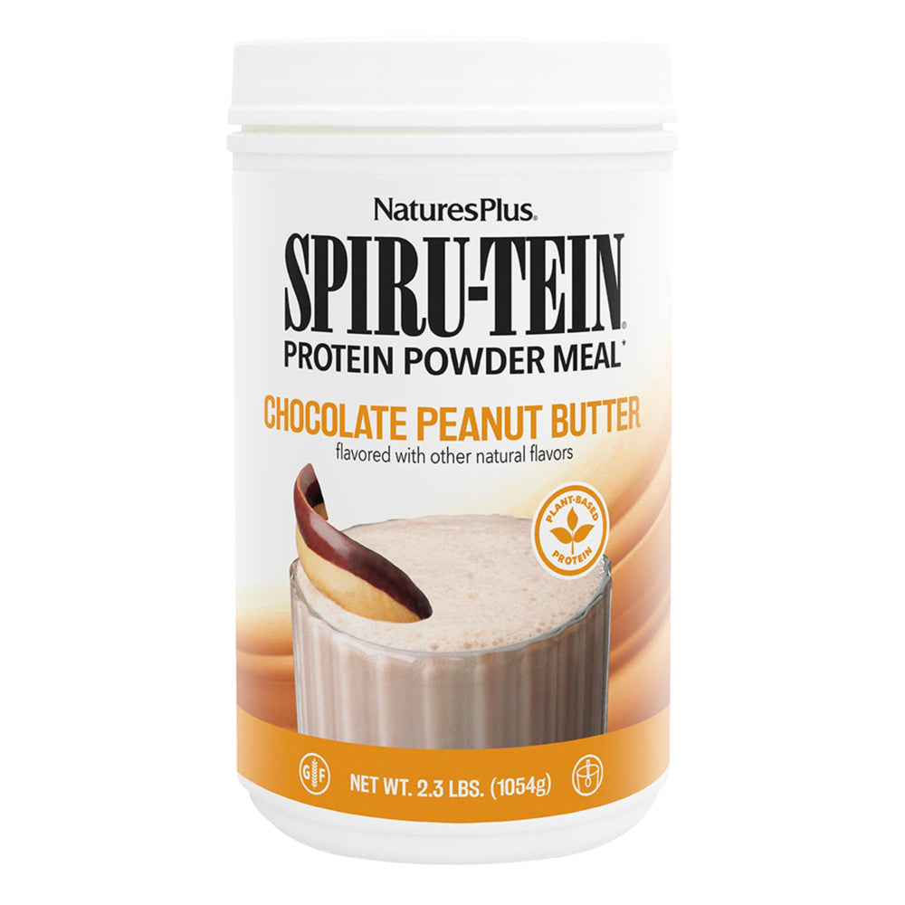 NaturesPlus SpirU-Tein Shake bottle highlights chocolate peanut butter flavor for protein at a glance