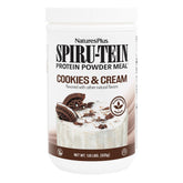 NaturesPlus SPIRU-TEIN Cookies & Cream shake bottle pouring, protein-rich nutrition.