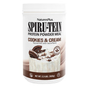 NaturesPlus SPIRU-TEIN Shake Cookies and Cream bottle highlighting protein-rich meal option