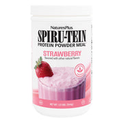 NaturesPlus SpirU-Tein strawberry bottle ready to shake for a protein-rich snack