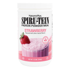 NaturesPlus SpirU-Tein strawberry bottle ready to shake for a protein-rich snack
