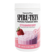 NaturesPlus SpirU-TEIN strawberry bottle front showing protein-rich meal replacement