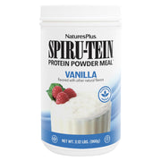NaturesPlus SPIRU-TEIN Vanilla bottle shows convenient, protein-rich nutrition for busy mornings.