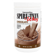 NaturesPlus SPIRU-TEIN WHEY chocolate bottle shows protein blend for daily support.