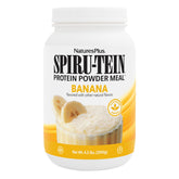 Nature's Plus Spirutein Banana bottle highlights convenient high-protein meal replacement.