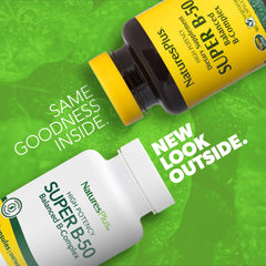 NaturesPlus Super B50-90 capsules close-up highlighting high potency B complex.