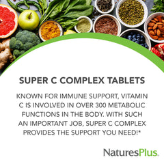 NaturesPlus Super C Complex label close up highlighting rose hips and potency.
