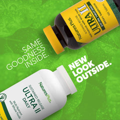 Close-up of NaturesPlus Ultra II Daily tablets showing sustained-release design for steady nourishment.