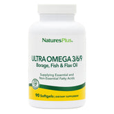 NaturesPlus Ultra Omega 3 6 9 softgels bottle promotes balanced daily nutrition.