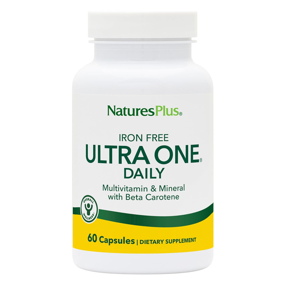 NaturesPlus Ultra One Daily Iron Free bottle front showing compact daily multivitamin format