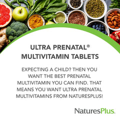 NaturesPlus Ultra Prenatal tablets close-up emphasizing vegetarian formula and easy digestion.
