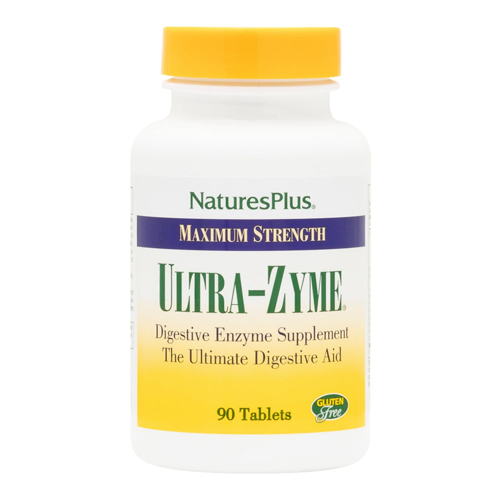 NaturesPlus Ultra-Zyme tablets in bottle front for easy digestion support