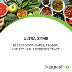 NaturesPlus Ultra-Zyme tablets close-up showing coated enzymes for targeted release