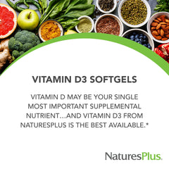NaturesPlus Vitamin D3 label close-up highlights purity and quality.