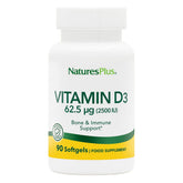 NaturesPlus Vitamin D3 bottle front with 90 softgels for daily support.