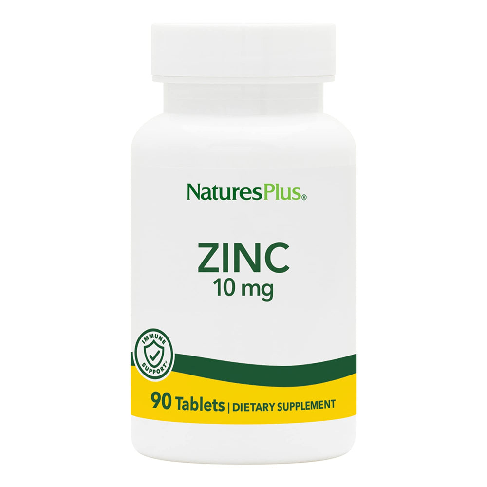 NaturesPlus zinc tablets bottle front showing gluten-free, vegetarian formula for daily immune support.