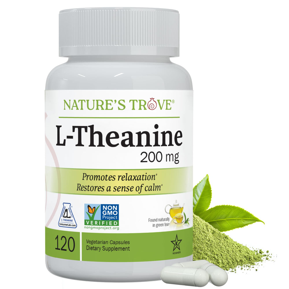 Nature's Trove L-Theanine 200mg bottle for calm focus.