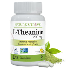 Nature's Trove L-Theanine 200mg bottle for calm focus.