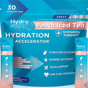 NatureWorks HydroMATE Peach Tea packets ready for on-the-go hydration and refreshing flavor.